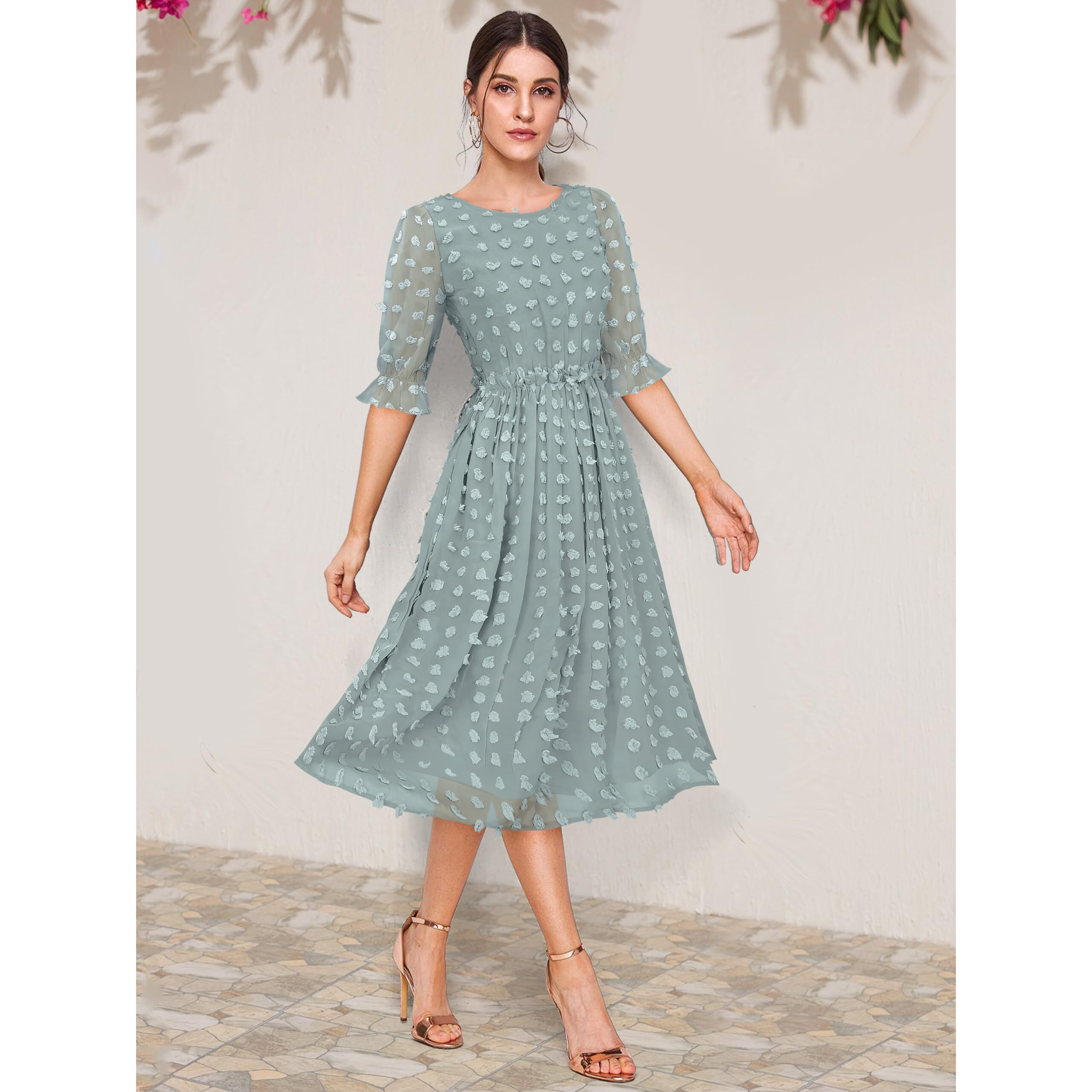 Toochki Women's Dobby Georgette Fit And Flare Midi Western Dress (Toochki097-Dr_Sea Green