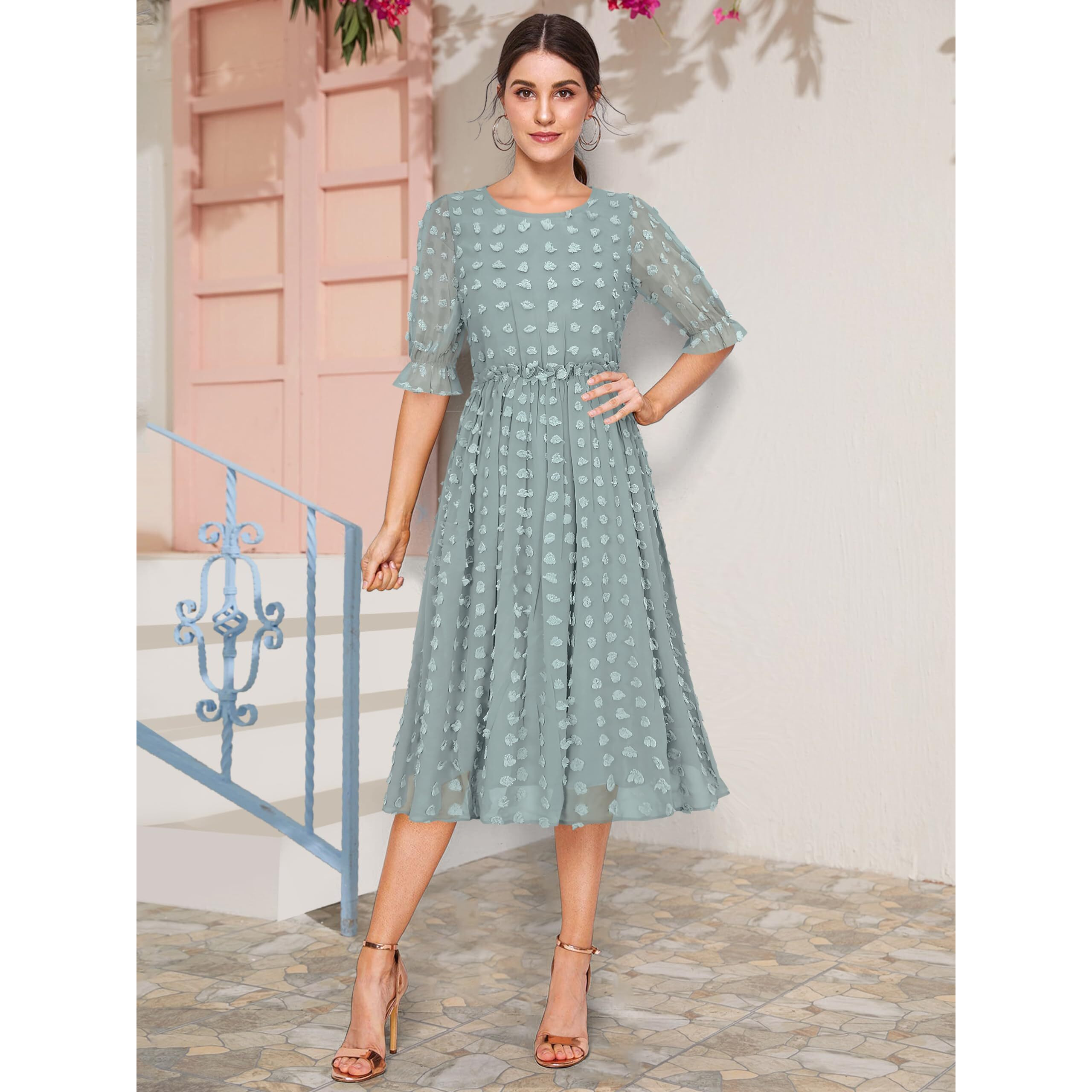 Toochki Women's Dobby Georgette Fit And Flare Midi Western Dress (Toochki097-Dr_Sea Green