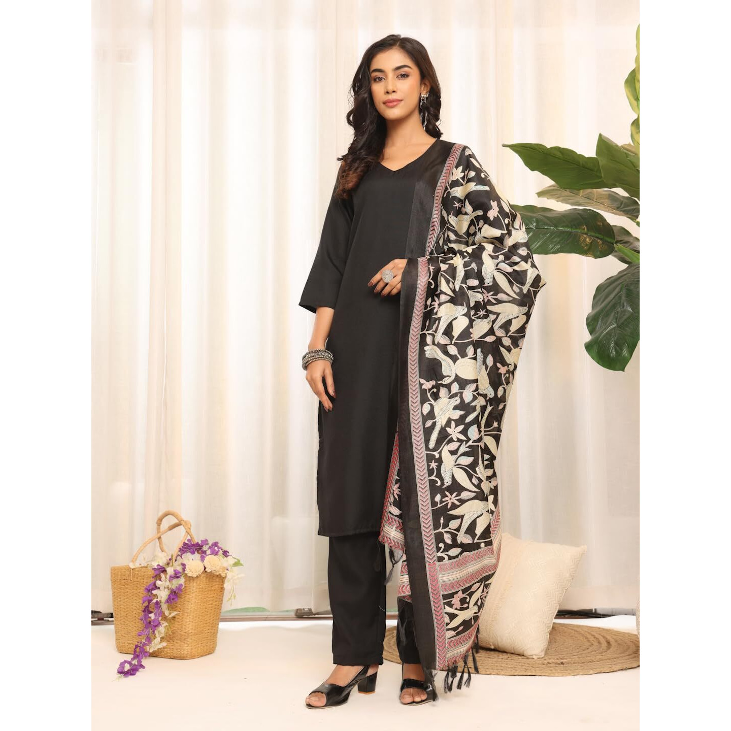 Varanga Women's Solid Black V-Neck Straight Kurta Set With Printed Dupatta  Stylish & Comfortable Ethnic Wear For Casual & Festive Occasions