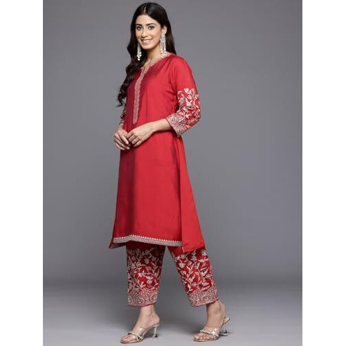 Varanga Women Red Zari Embroidered A-Line Kurta Paired With Tonal Salwar And Dupatta