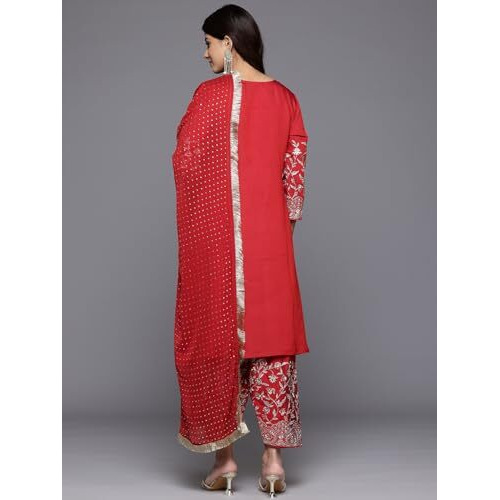 Varanga Women Red Zari Embroidered A-Line Kurta Paired With Tonal Salwar And Dupatta