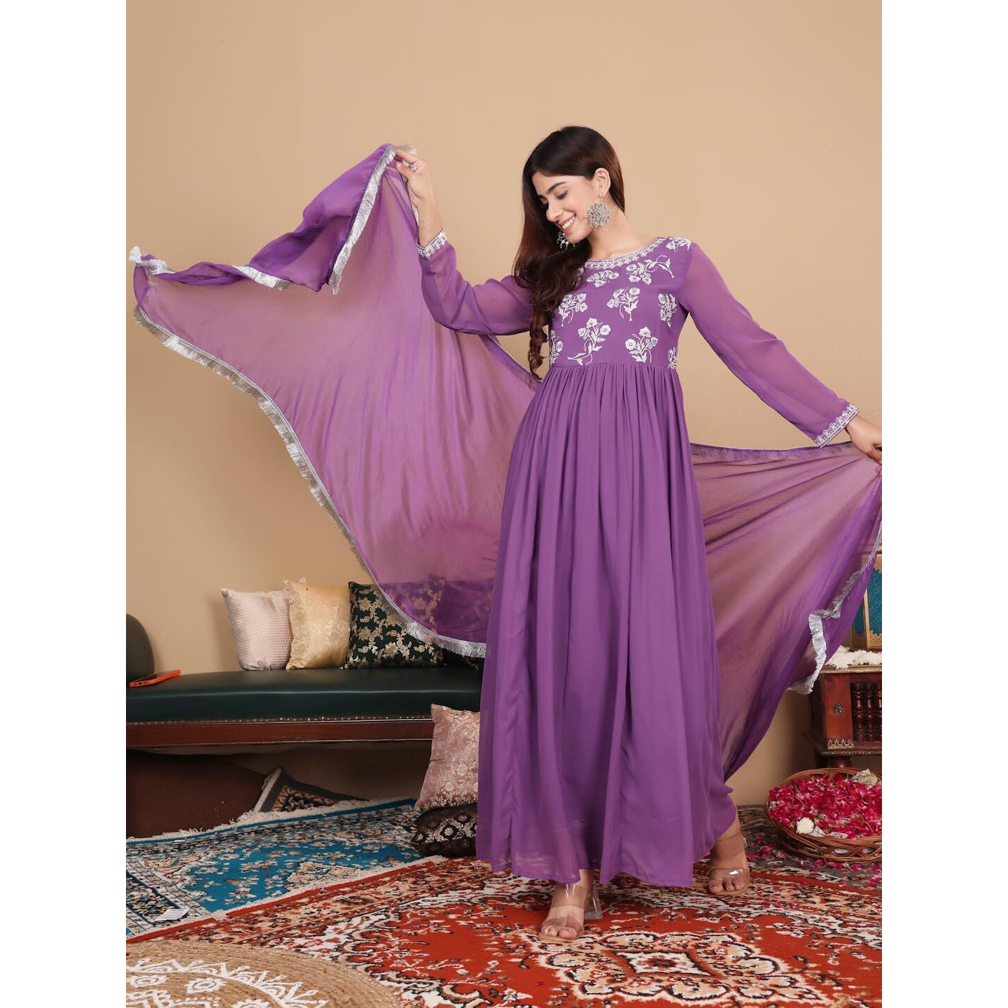 Varanga Lavender Zari Thread Embroidered Flared Kurta With Dupatta For Women