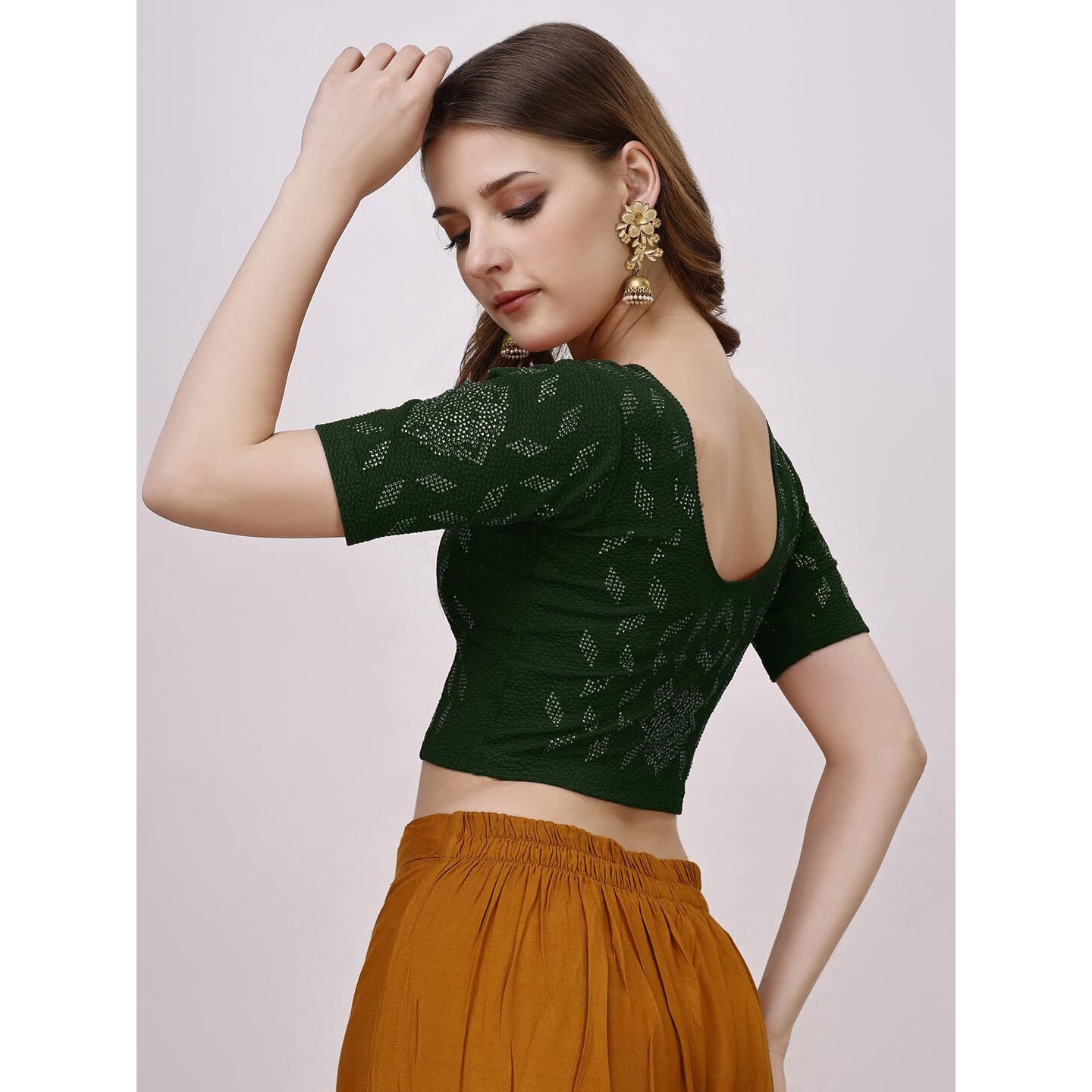 Vihu Fashion Women's Stretchable Embroidery Half Sleeve Stretch Blouse (Vf Lycra Bindi Bottle Green Xl