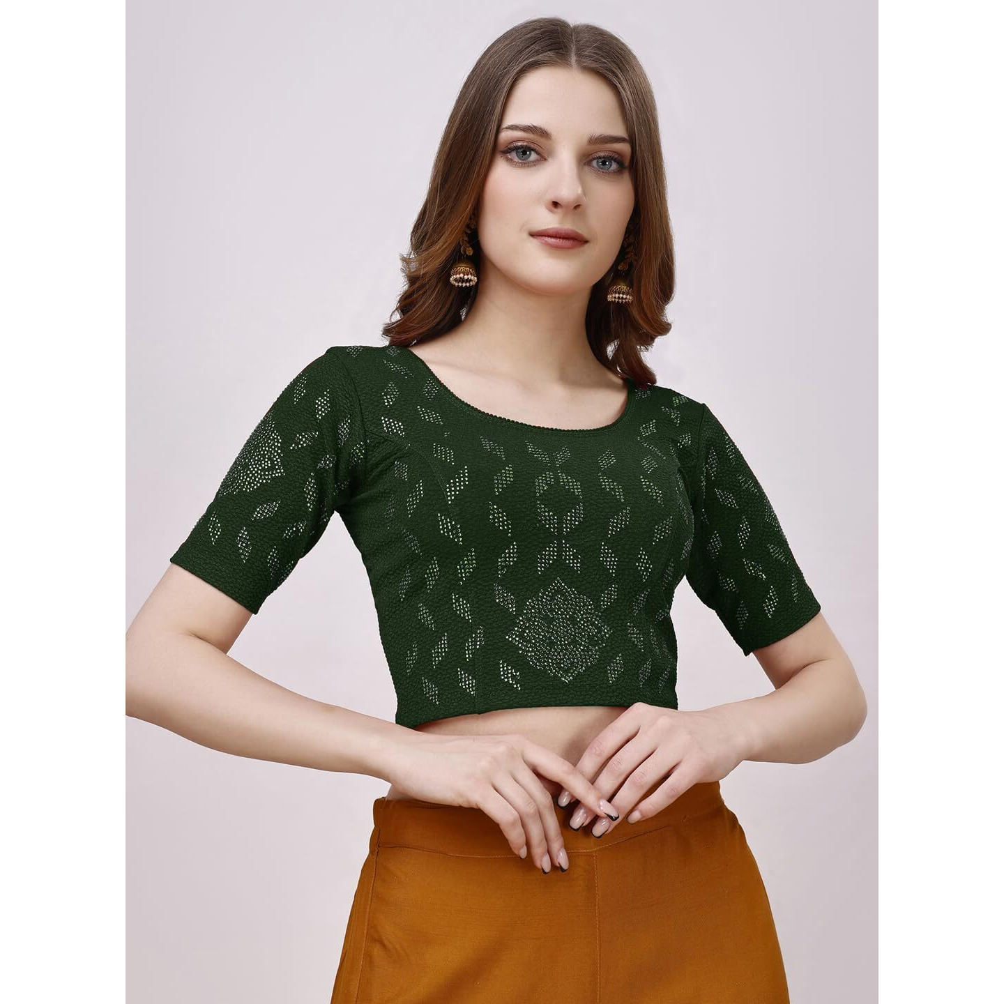Vihu Fashion Women's Stretchable Embroidery Half Sleeve Stretch Blouse (Vf Lycra Bindi Bottle Green Xl