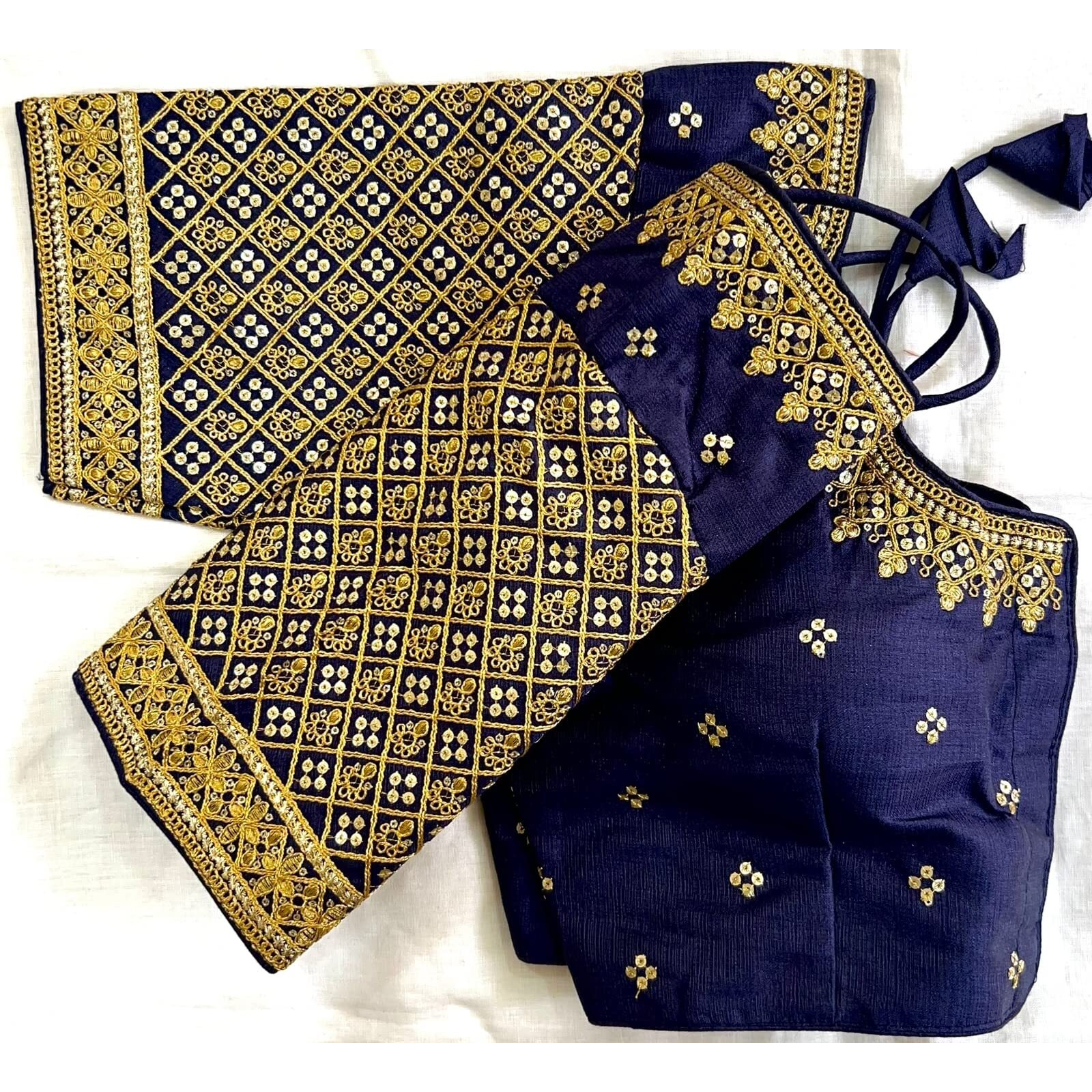 Vihu Fashion Women's Milan Silk Heavy Golden Codding Embroidery Sequins Work Navy Blue Saree Blouse(Reva Navy Blue)