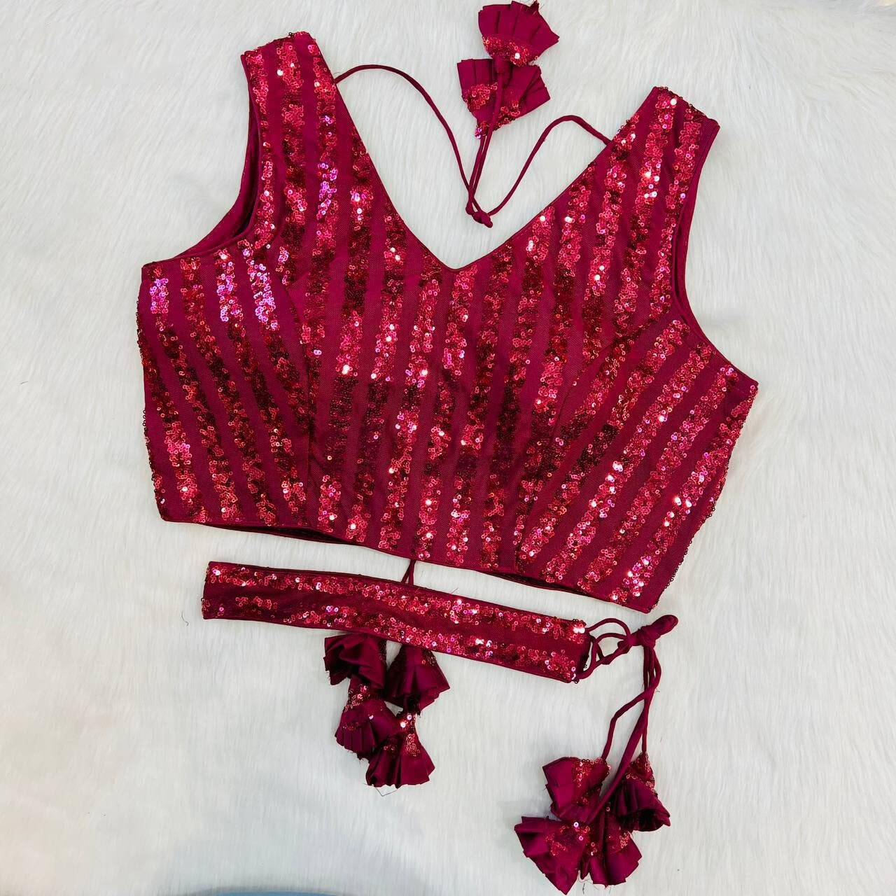 Vihu Fashion Women's Emblished Sequins Sleeveless Fancy Pink Blouse With Belt(Sequins Belt Pink_38)