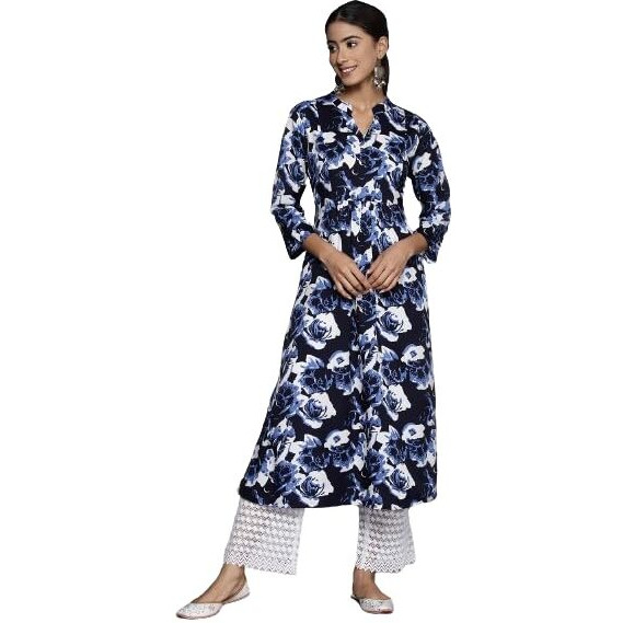 Varanga Navy Blue Floral Printed Mandarin Collar With Slit, Three Quarter Sleeves A-Line Kurta With Side Slits
