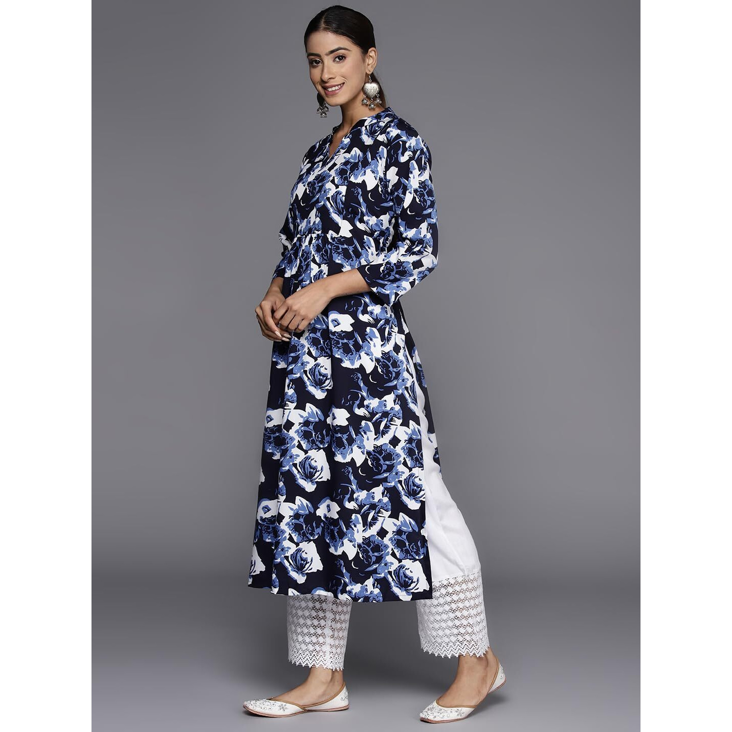 Varanga Navy Blue Floral Printed Mandarin Collar With Slit, Three Quarter Sleeves A-Line Kurta With Side Slits