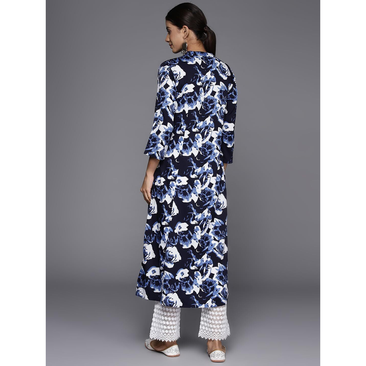 Varanga Navy Blue Floral Printed Mandarin Collar With Slit, Three Quarter Sleeves A-Line Kurta With Side Slits