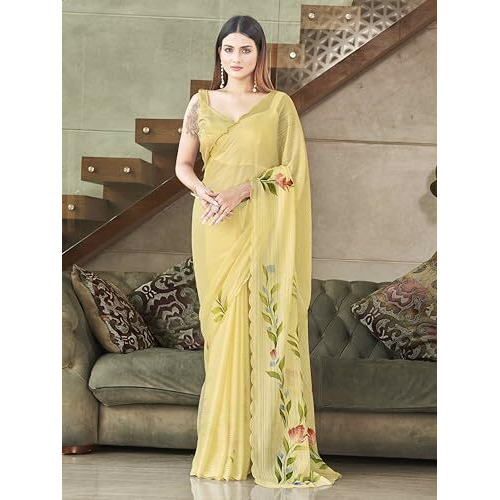 Womanista Women's Women Satin Saree Ll Women Floral Print Saree Ll Women Hand Print Saree Ll Un-Stitched Blouse Saree Ll Women Yellow Saree