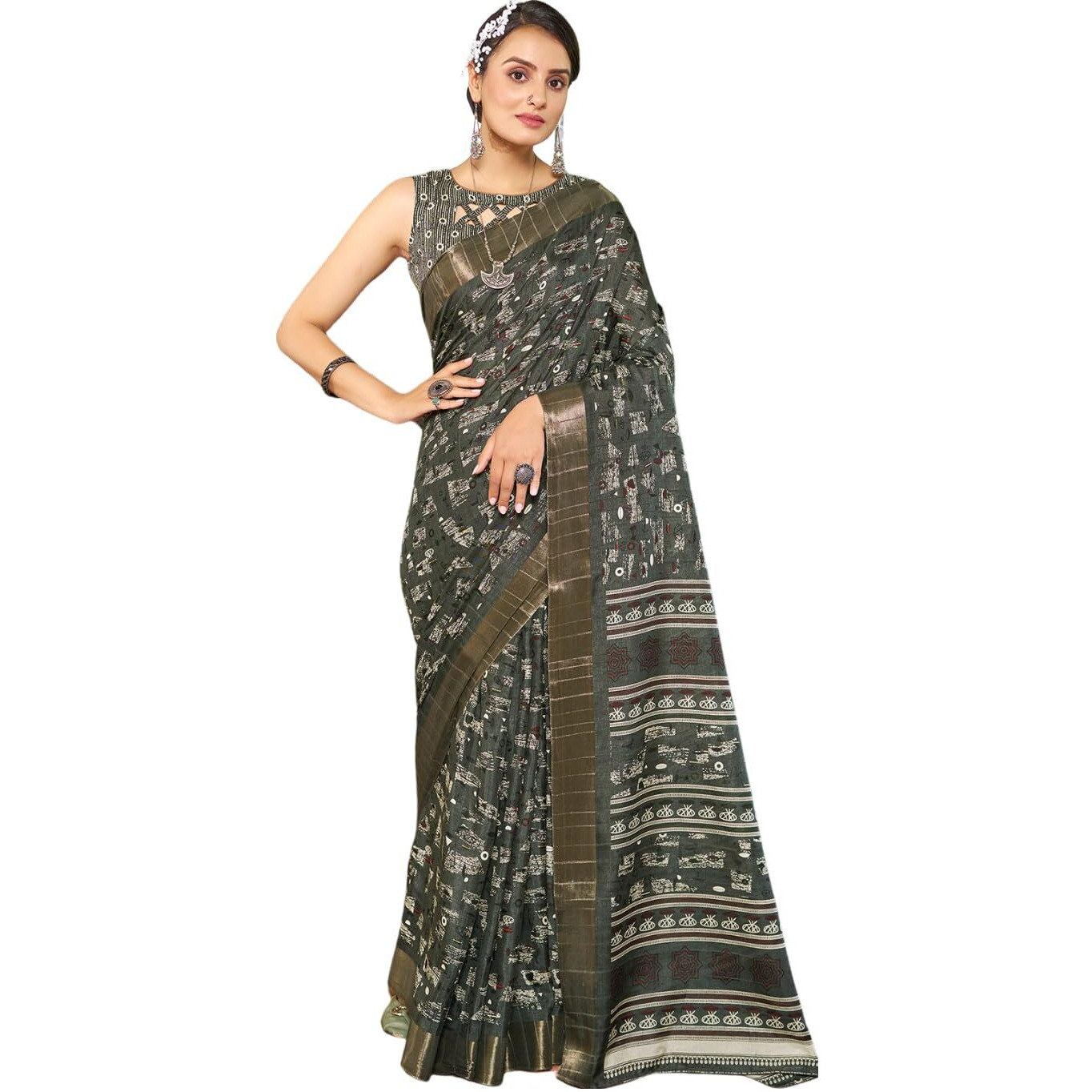 Satrani Women's Silk Geometric Printed Zari Border Saree With Unstitched Blouse Piece (3645S1355N_Dark Grey)