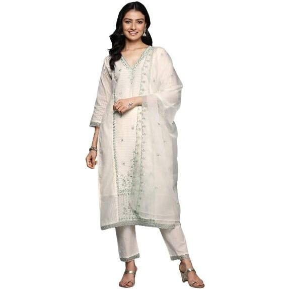 Varanga Women Cream V Neck Thread & Sequence Embroidered Kurta Paired With Bottom & Embroidered Organza Dupatta