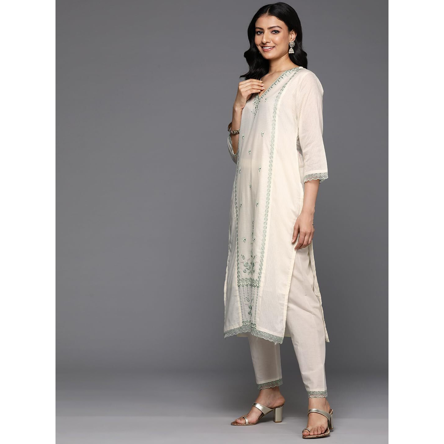 Varanga Women Cream V Neck Thread & Sequence Embroidered Kurta Paired With Bottom & Embroidered Organza Dupatta