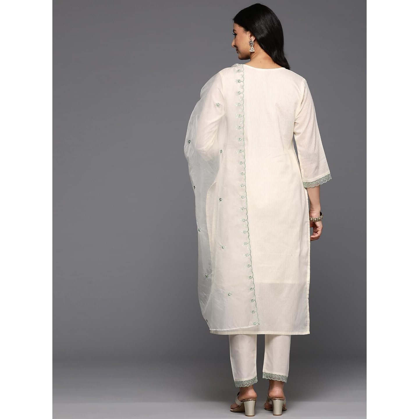 Varanga Women Cream V Neck Thread & Sequence Embroidered Kurta Paired With Bottom & Embroidered Organza Dupatta