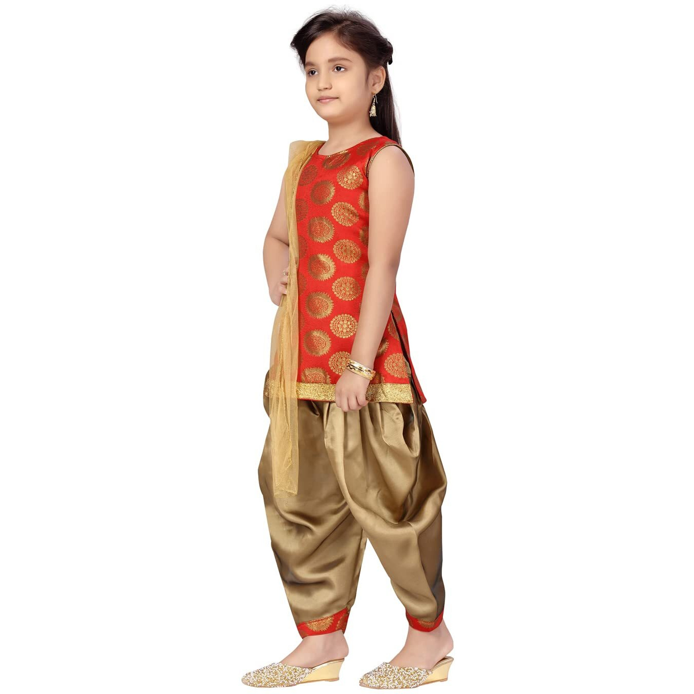 Aarika Girl's Silk Kurti Patiala Set (Pt-18541_Red-Gold_38)