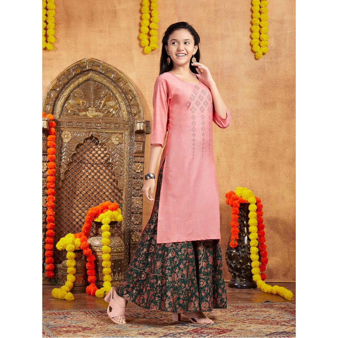 Aarika Girls Casual Wear Peach Colour Embellished Cotton Kurti (9-16 Years)