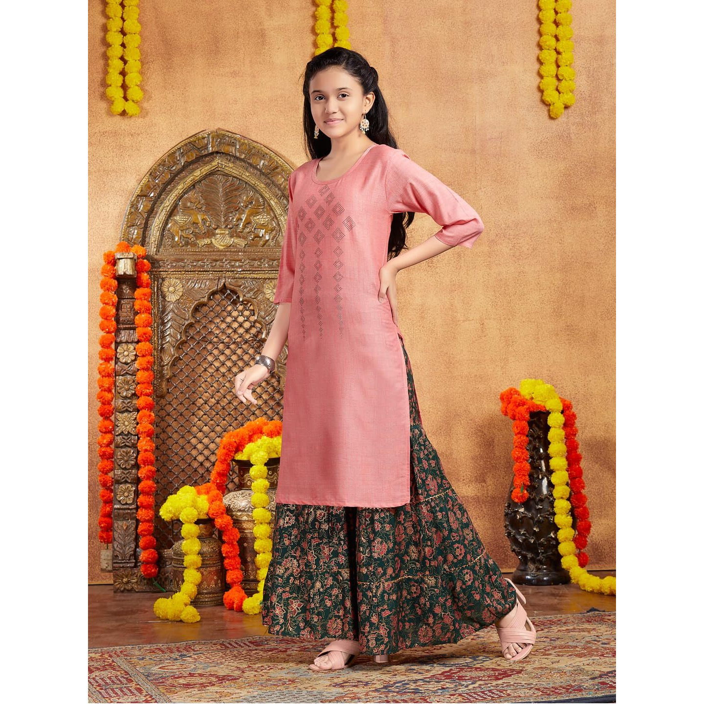 Aarika Girls Casual Wear Peach Colour Embellished Cotton Kurti (9-16 Years)