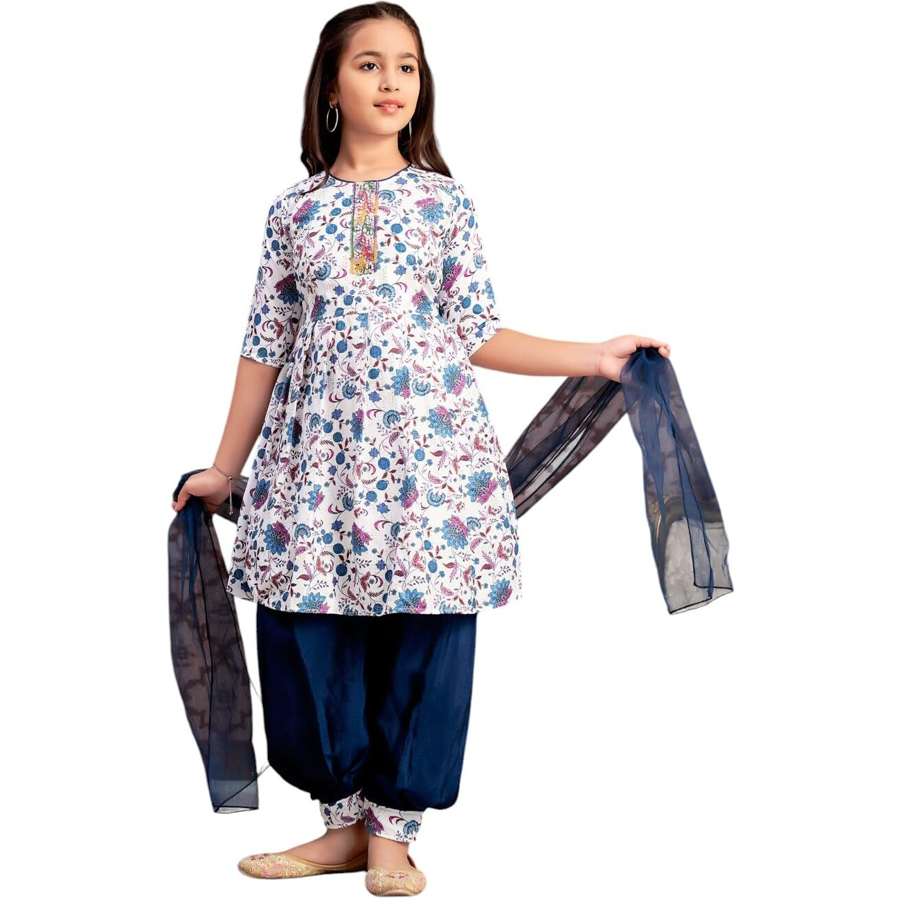 Aarika Girls Ethnic Wear Teal-Blue-White Colour Floral Print Beads Work Polycrepe Kurti Patiala Set With Dupatta-3-13 Years (Pt-Shm-5006)
