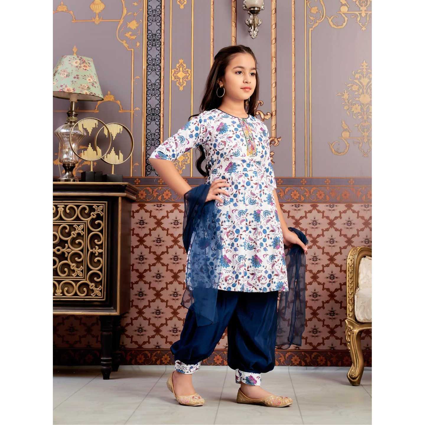 Aarika Girls Ethnic Wear Teal-Blue-White Colour Floral Print Beads Work Polycrepe Kurti Patiala Set With Dupatta-3-13 Years (Pt-Shm-5006)