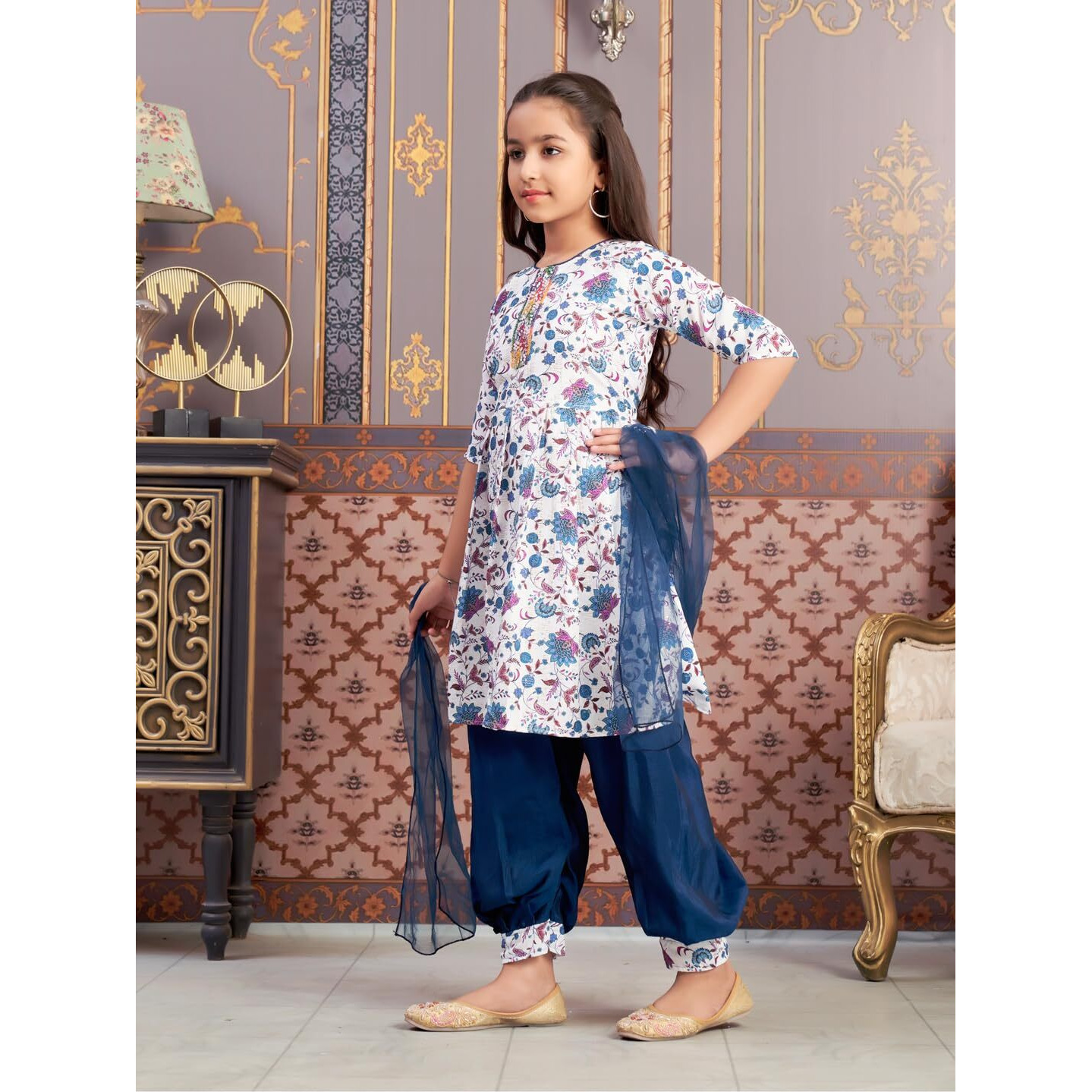 Aarika Girls Ethnic Wear Teal-Blue-White Colour Floral Print Beads Work Polycrepe Kurti Patiala Set With Dupatta-3-13 Years (Pt-Shm-5006)