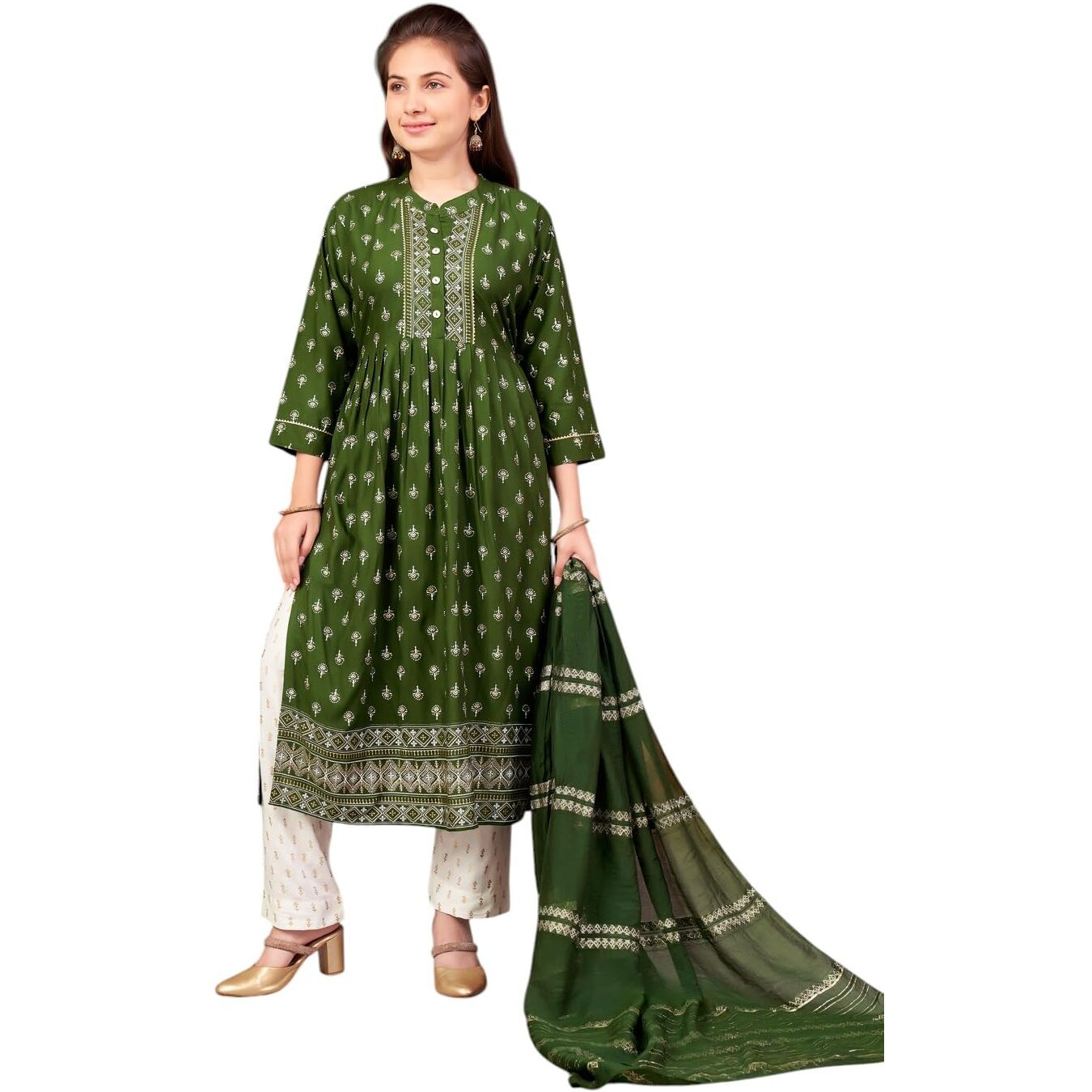 Aarika Girls Ethnic Wear Green-Off White Colour Foil Print Rayon Kurti Pant Set-8-15 Years (Kp-Sd-5979)