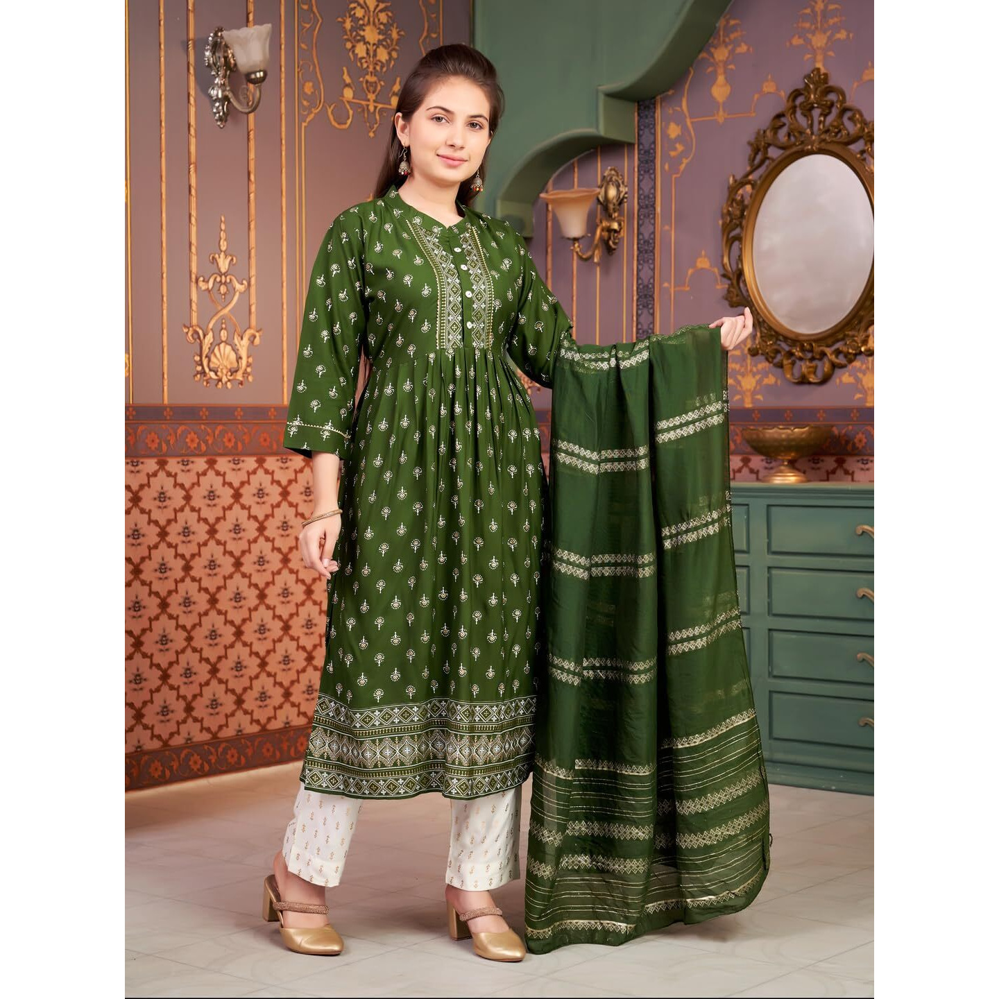 Aarika Girls Ethnic Wear Green-Off White Colour Foil Print Rayon Kurti Pant Set-8-15 Years (Kp-Sd-5979)