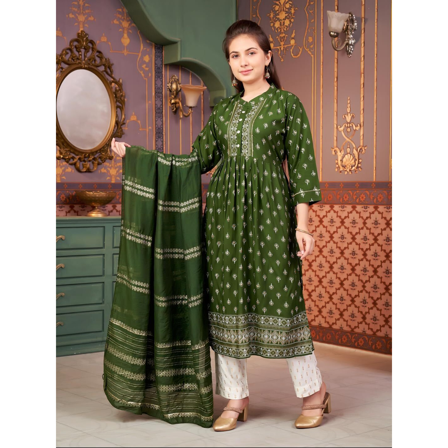 Aarika Girls Ethnic Wear Green-Off White Colour Foil Print Rayon Kurti Pant Set-8-15 Years (Kp-Sd-5979)