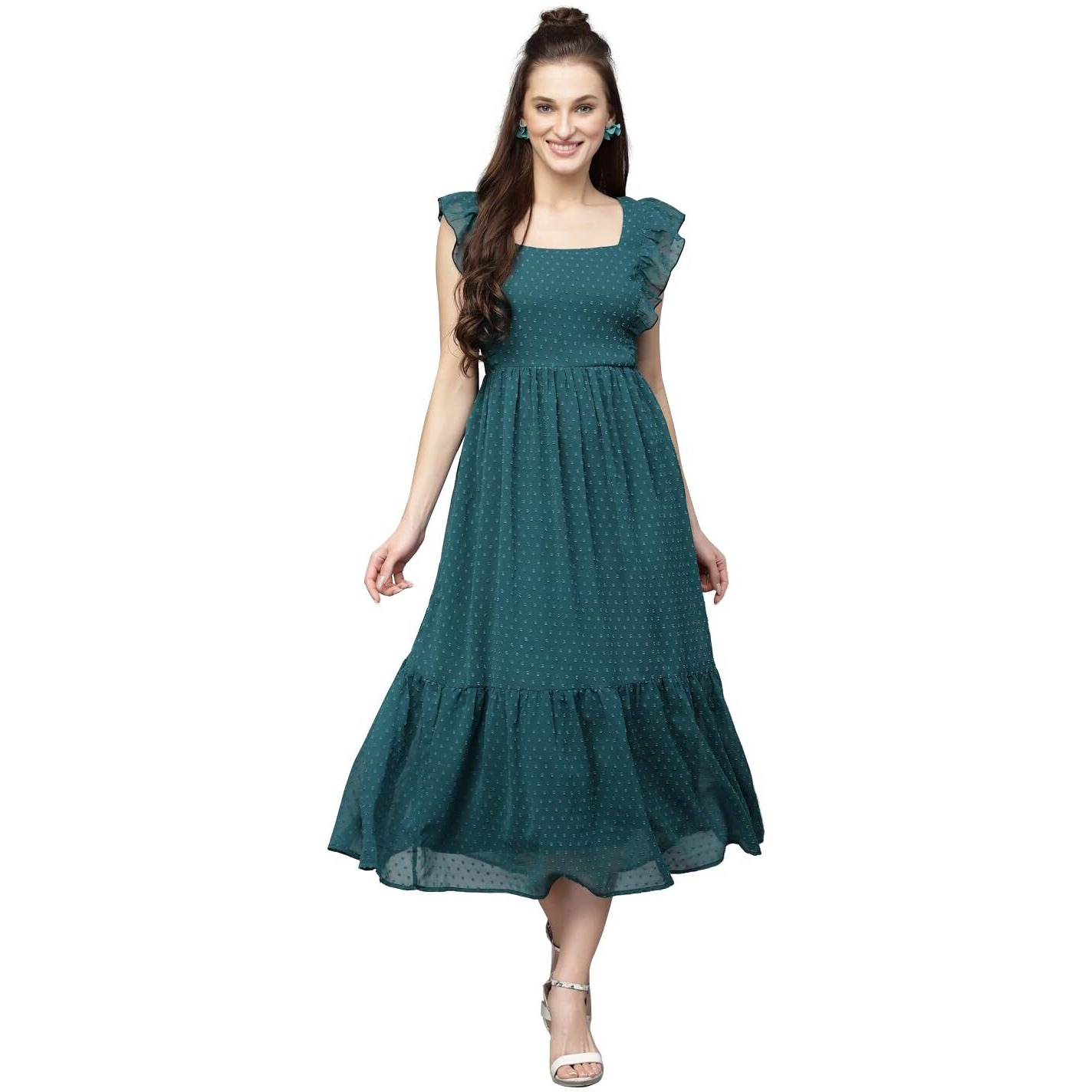 Avanova Georgette Jacquard Butti Rama Green Square Neck Knee Length Western Dresses For Women (Dress 89 Rama M)