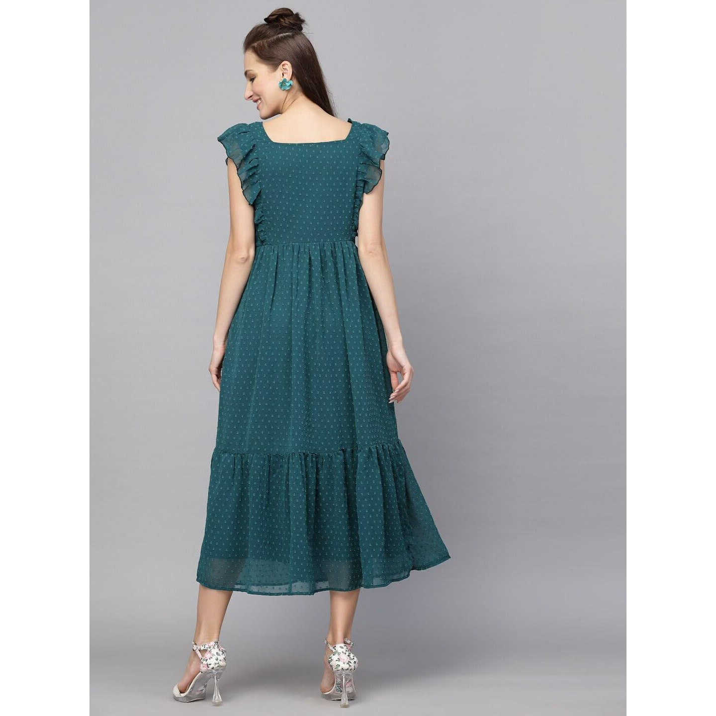 Avanova Georgette Jacquard Butti Rama Green Square Neck Knee Length Western Dresses For Women (Dress 89 Rama M)