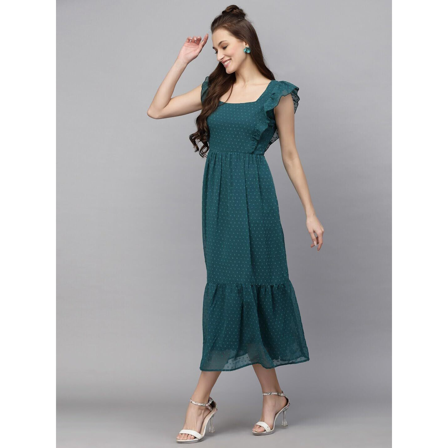 Avanova Georgette Jacquard Butti Rama Green Square Neck Knee Length Western Dresses For Women (Dress 89 Rama M)