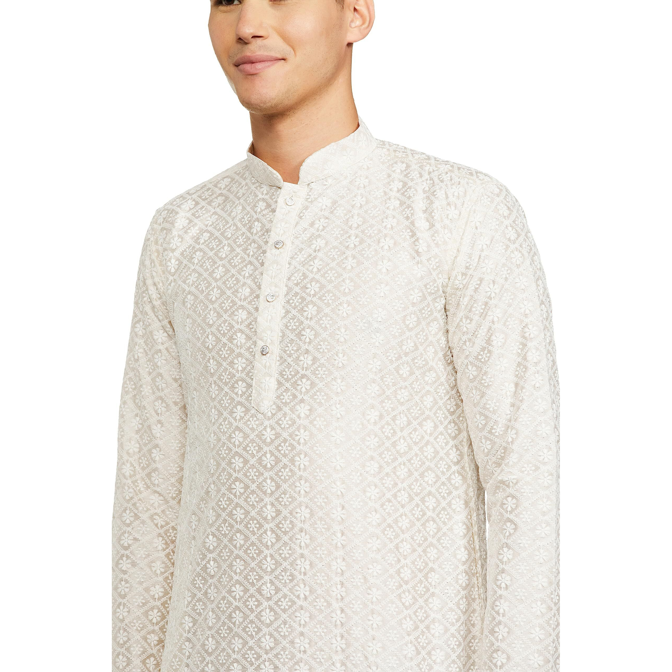 Be Active Men's Traditional Embroidered Lucknowi Full Sleeves Kurta || Cotton Kurta For Men || Men Kurta For Wedding || Kurta For Men (Rfsk0013-Kr 1 M) White