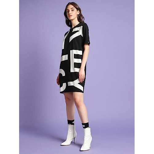 Bewakoof X Official Disney Merchandise Women's Mickey Typography Cotton Dress - Oversized Fit, Round Neck, Half Sleeves_582051_Black & White_Xl
