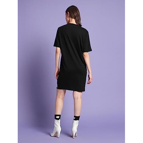 Bewakoof X Official Disney Merchandise Women's Mickey Typography Cotton Dress - Oversized Fit, Round Neck, Half Sleeves_582051_Black & White_Xl