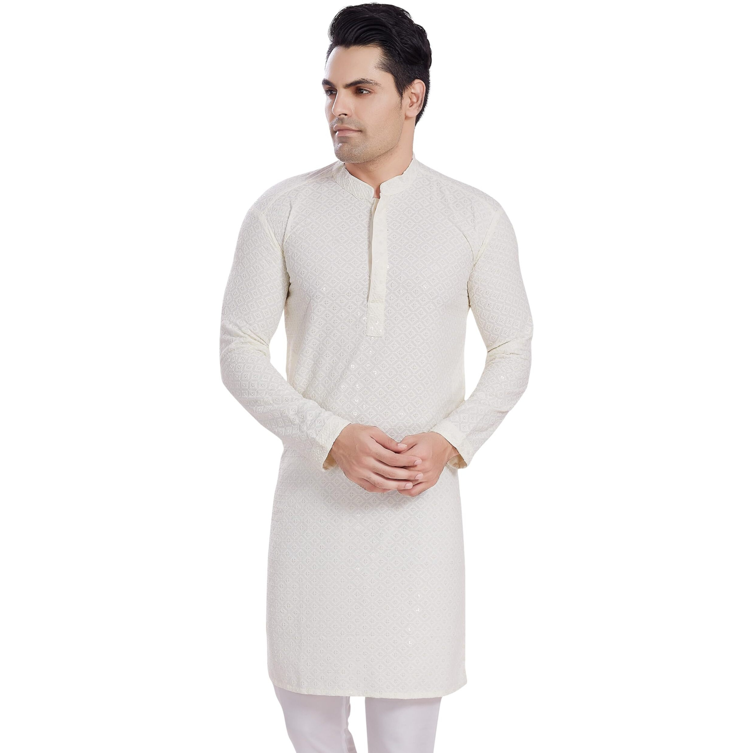 Divisive Men's Sequince Embroidered Cotton Blend Only Slim Fit Kurta (Dkrt525_M_Off White)