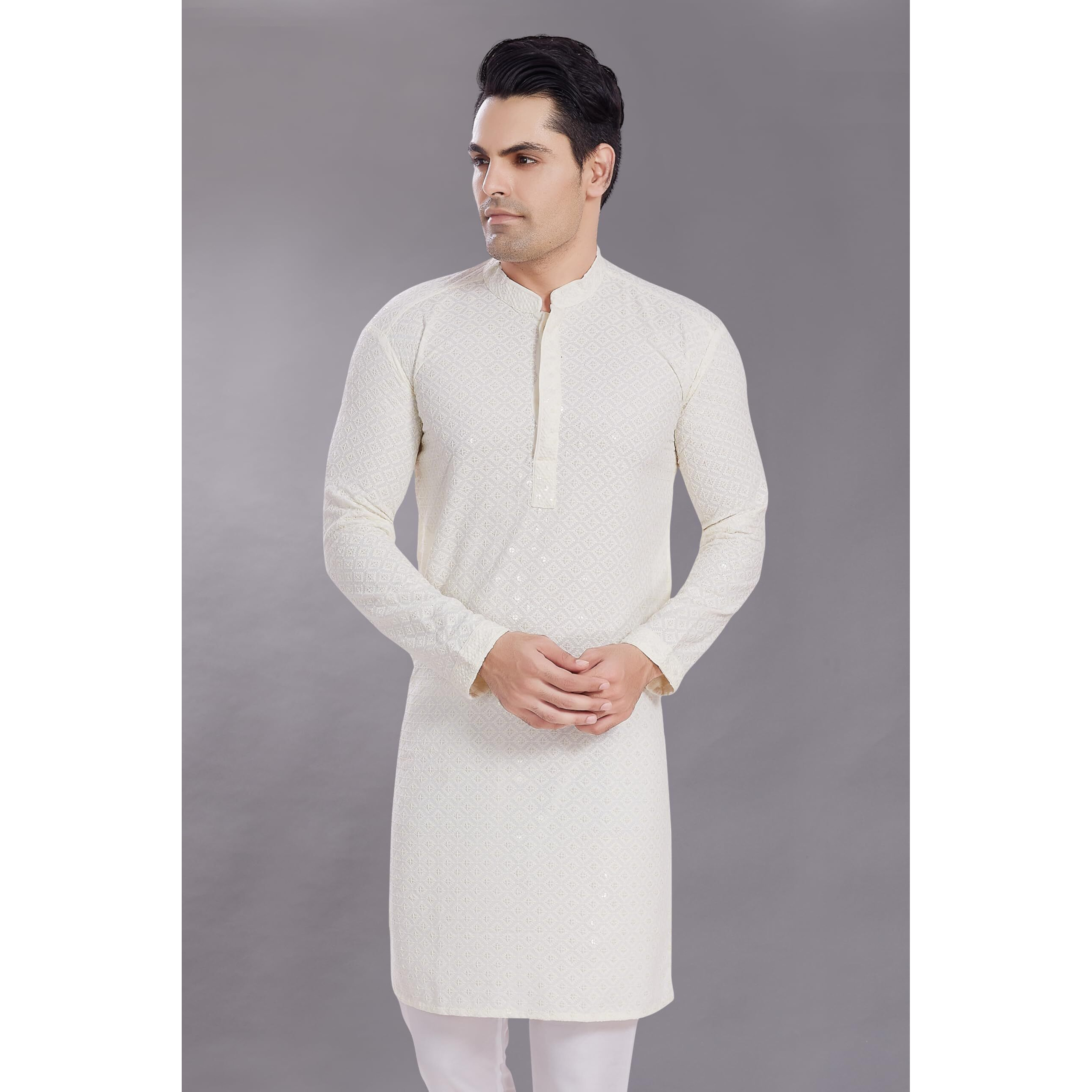 Divisive Men's Sequince Embroidered Cotton Blend Only Slim Fit Kurta (Dkrt525_M_Off White)