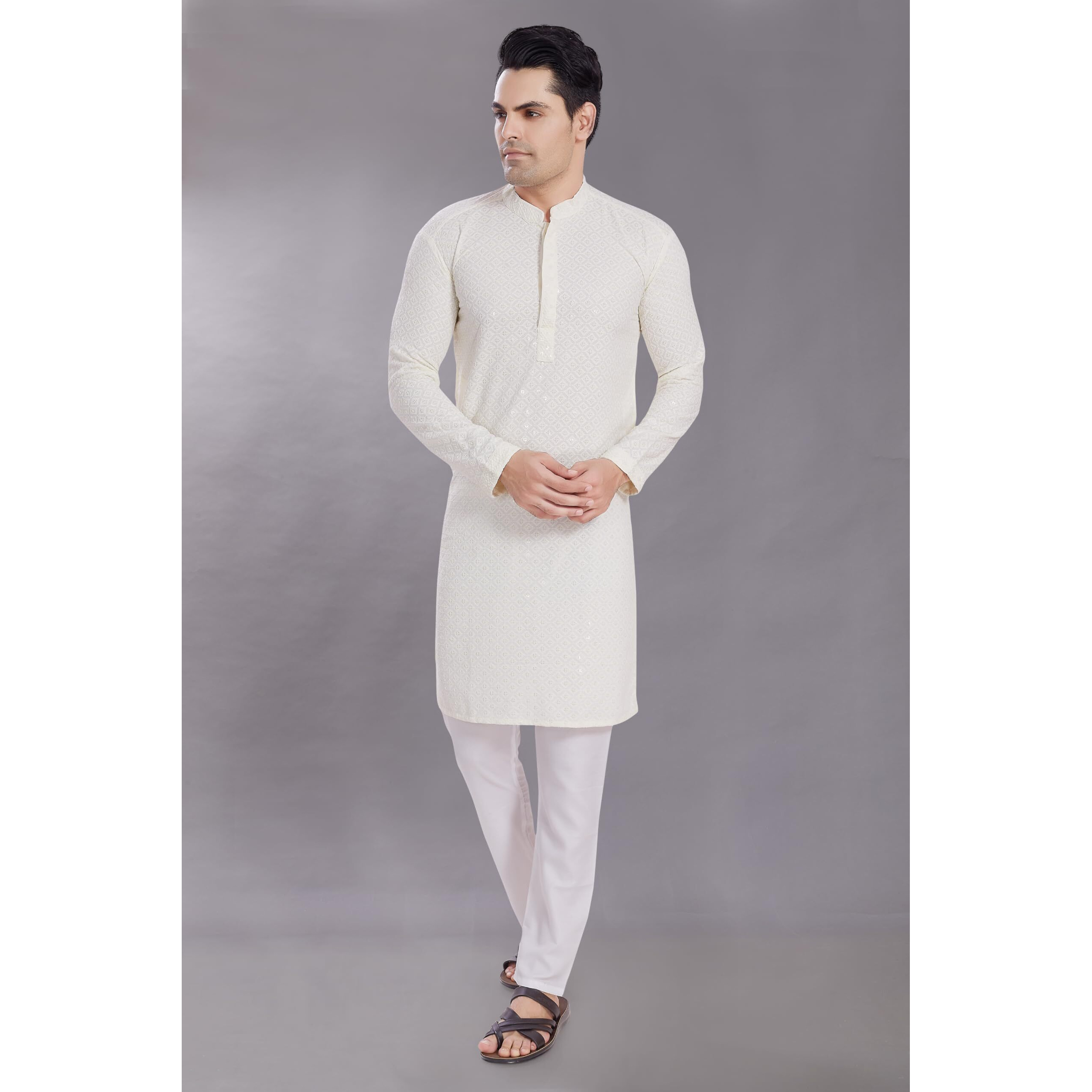 Divisive Men's Sequince Embroidered Cotton Blend Only Slim Fit Kurta (Dkrt525_M_Off White)