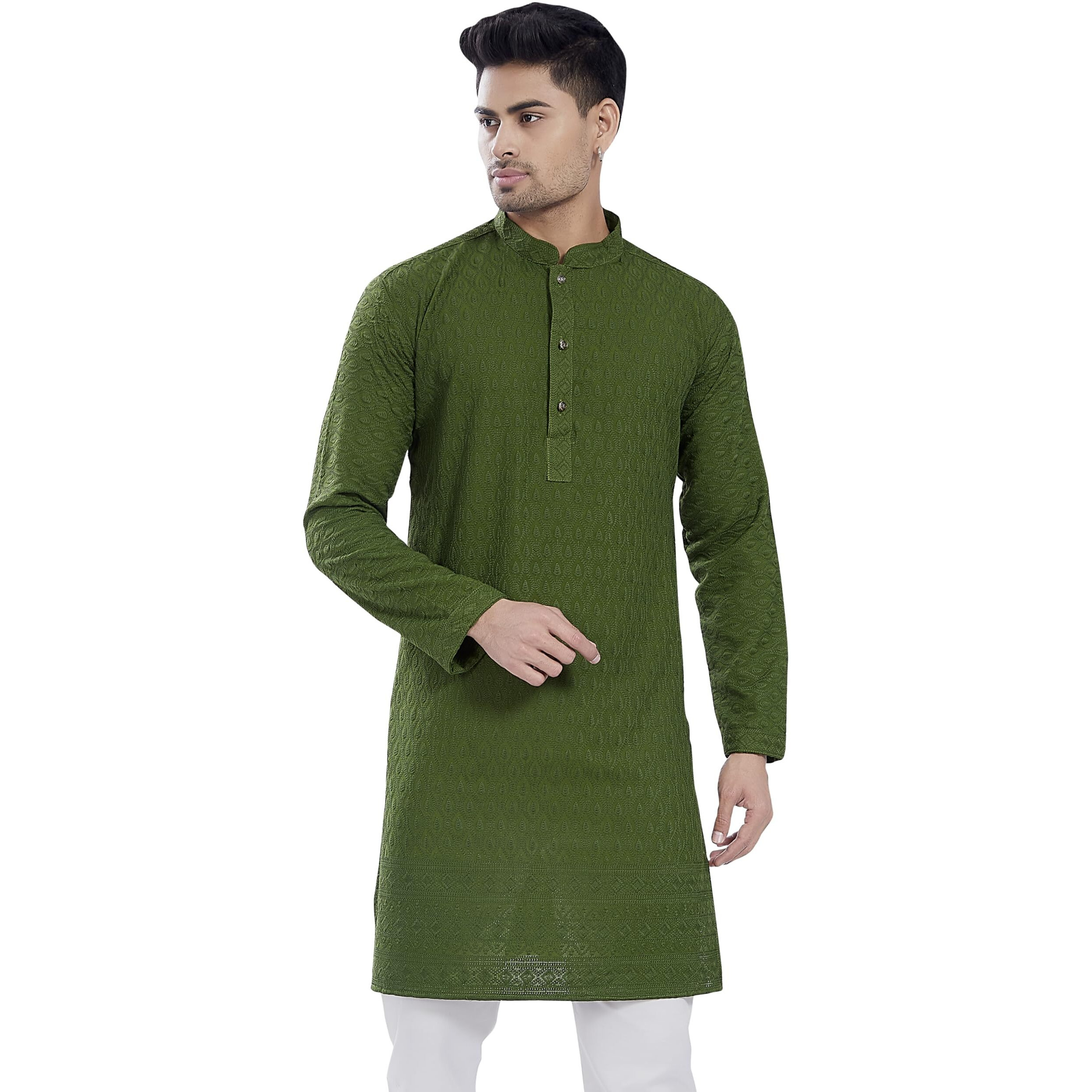Divisive Men's Thread Embroidered Cotton Blend Only Slim Fit Kurta (Dkrt732_Xxl_Mehendi)