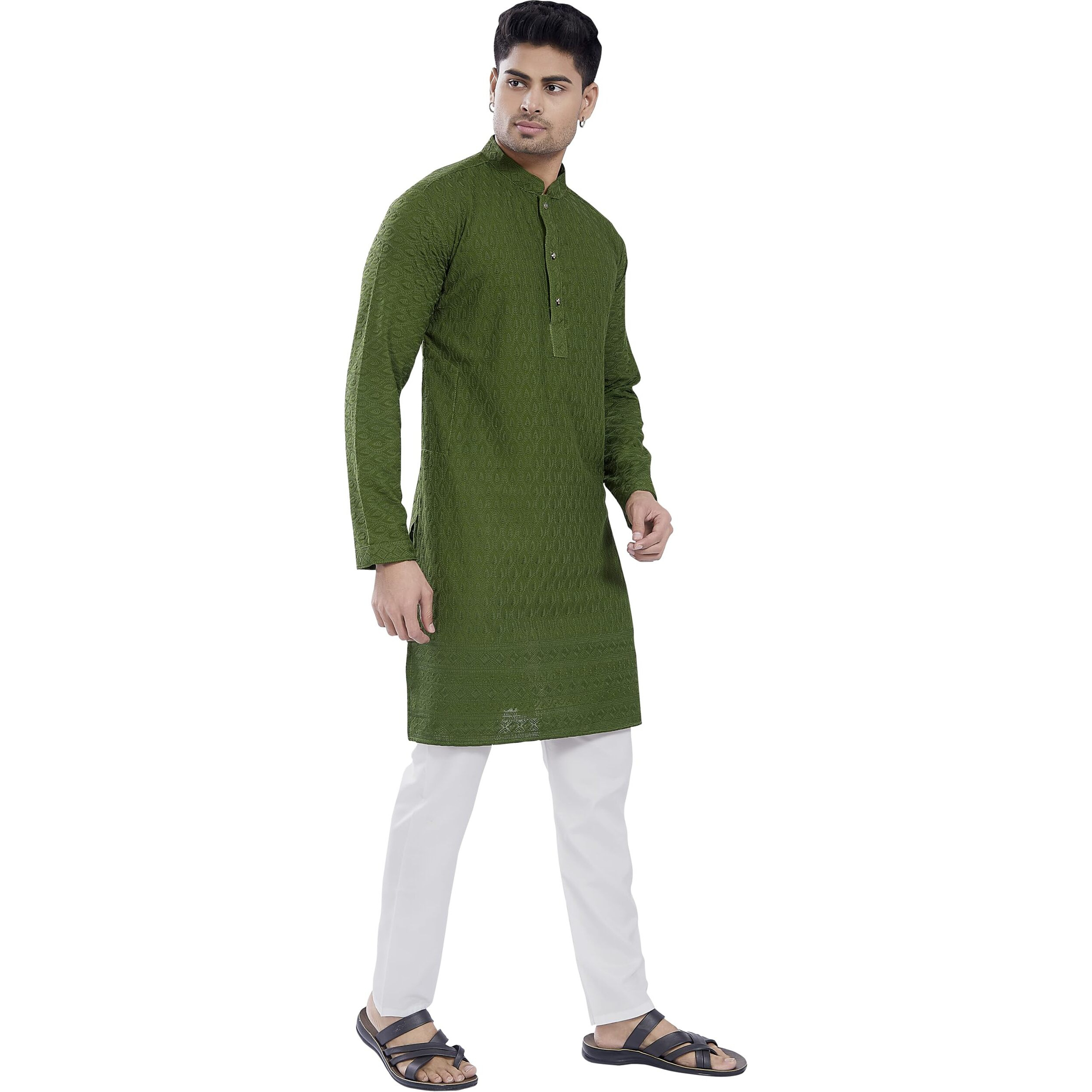Divisive Men's Thread Embroidered Cotton Blend Only Slim Fit Kurta (Dkrt732_Xxl_Mehendi)