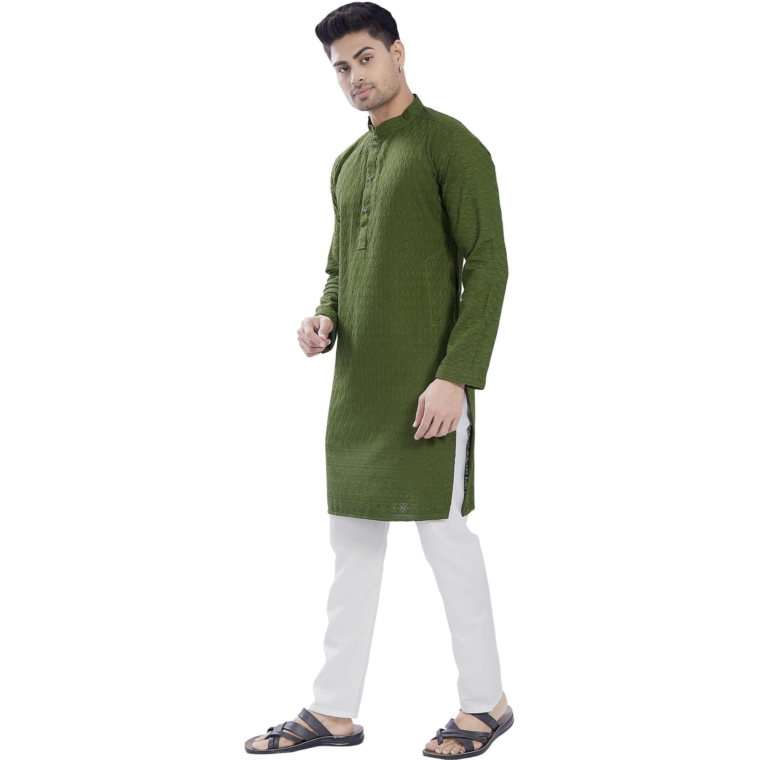 Divisive Men's Thread Embroidered Cotton Blend Only Slim Fit Kurta (Dkrt732_Xxl_Mehendi)