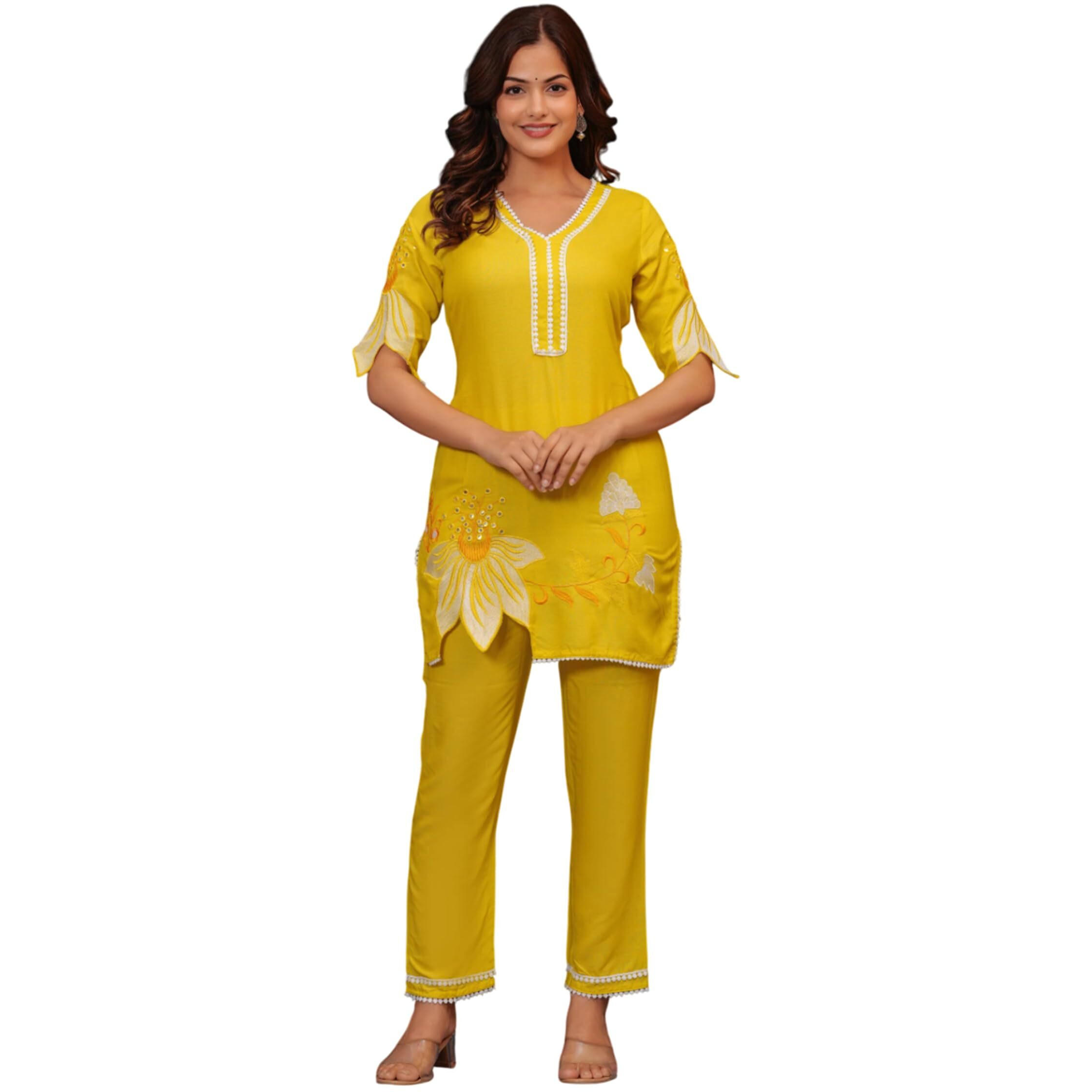 Fabnex Women Rayon Blend Printed Kurta Set | Kurta Sets Kurtis | Kurta Pant Set |(K-116-Yellow-S)