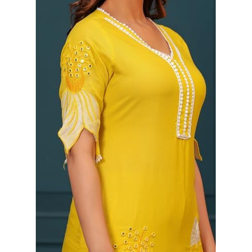 Fabnex Women Rayon Blend Printed Kurta Set | Kurta Sets Kurtis | Kurta Pant Set |(K-116-Yellow-S)