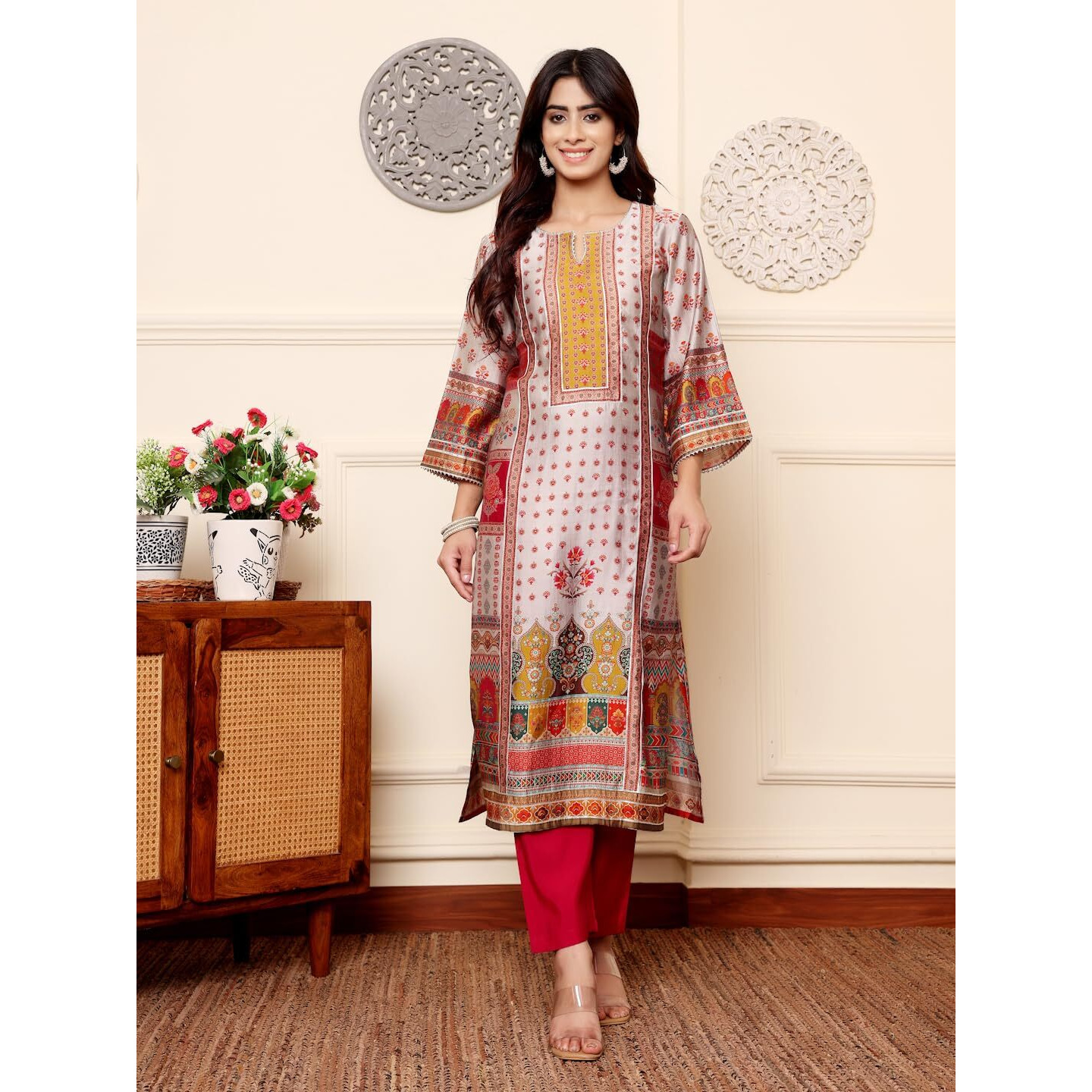 Varanga Women Grey Ethnic Floral Printed Gota Embellished Kurta With Solid Trouser  Stylish And Elegant Ethnic Set