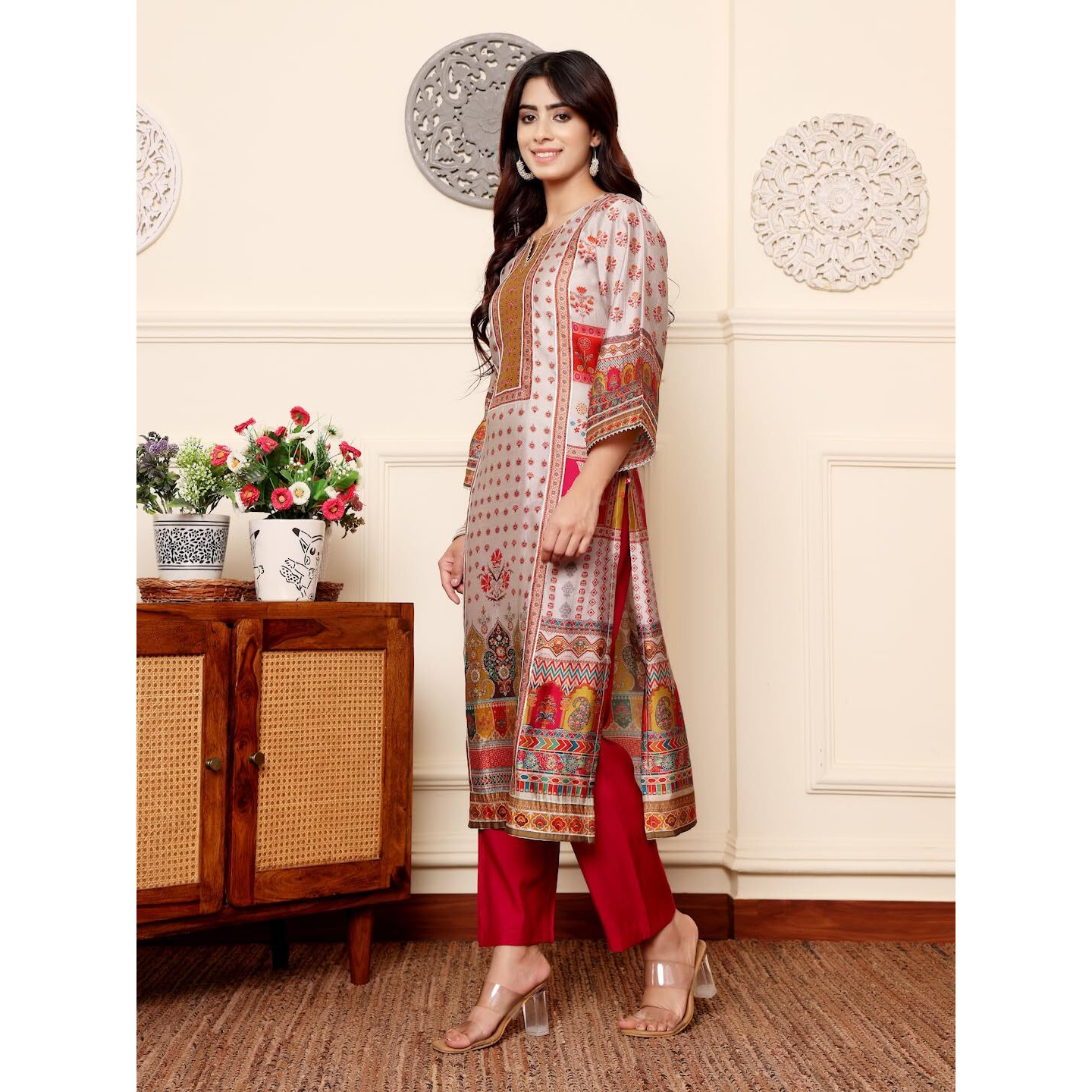 Varanga Women Grey Ethnic Floral Printed Gota Embellished Kurta With Solid Trouser  Stylish And Elegant Ethnic Set
