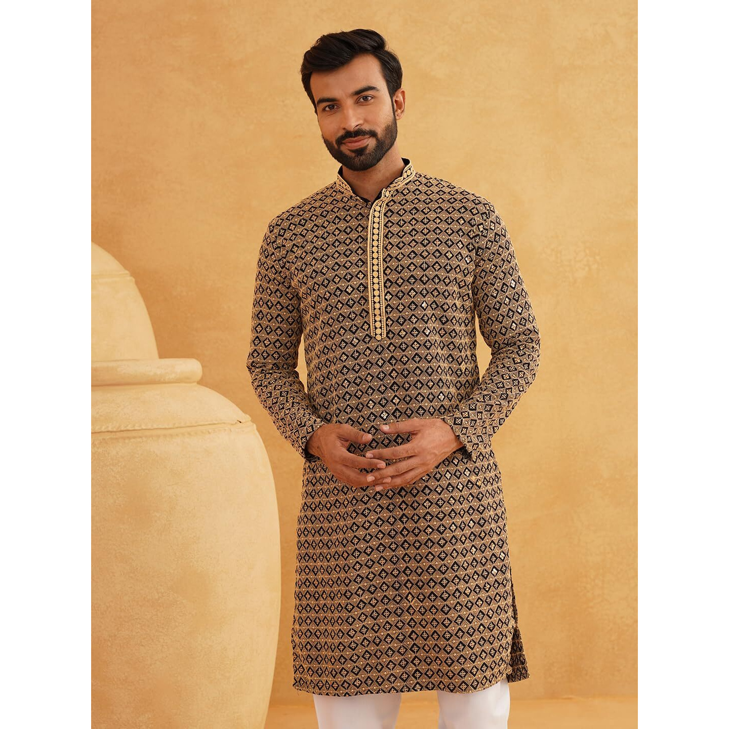 Sojanya (Since 1958 Men's Cotton Contrast Embroidered Sequinned Gold Long Kurta Size 42