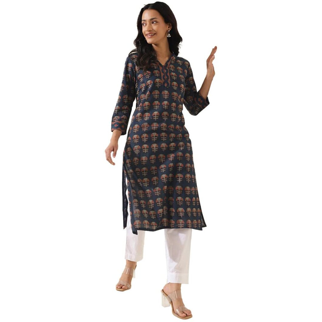 Fabindia Women's Cotton Printed Regular Kurta (1037248Indigo_Indigo