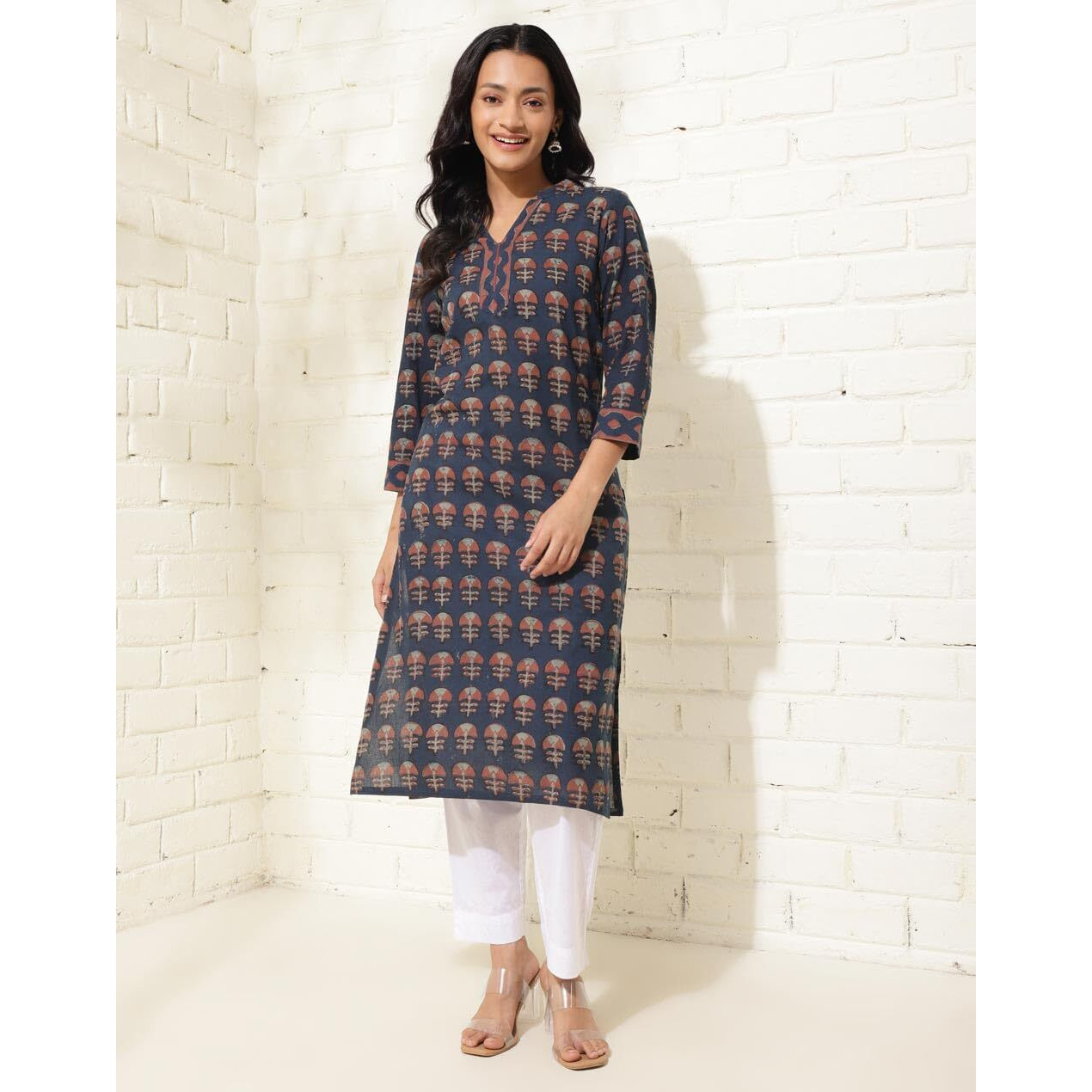 Fabindia Women's Cotton Printed Regular Kurta (1037248Indigo_Indigo
