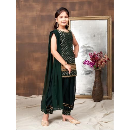 Aarika Girls D-Green And Rani Sibling Collection Sequin Embroidery Lace Work Georgette Kurti Patiala Set (4-10 Years)