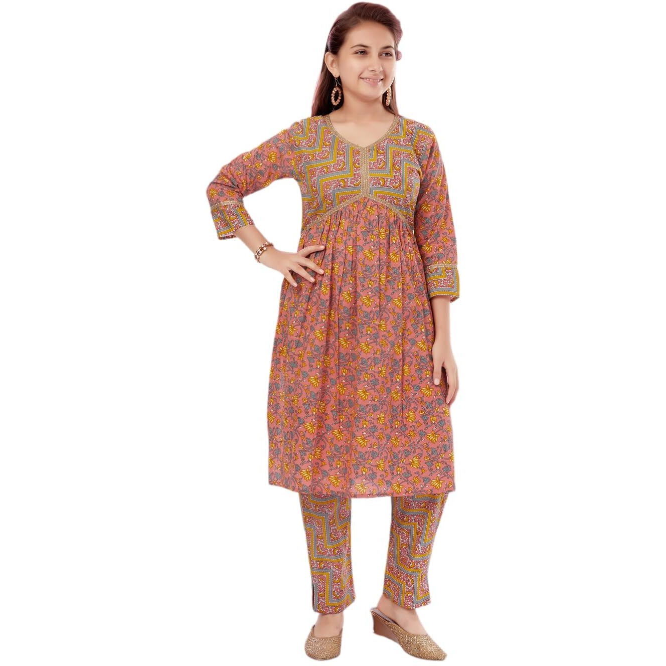 Aarika Girls Peach-Yellow Colour Cotton Floral Print Kurti Pant (Kp-K-733-Peach-40)