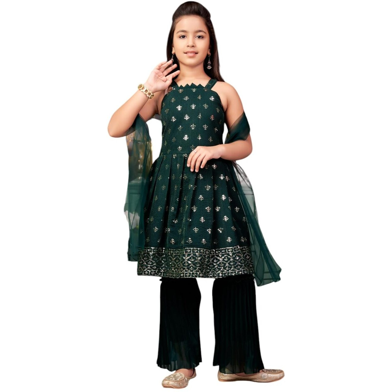 Aarika Girls Ethnic Wear Green Colour Sequin Embroidery Georgette Kurta Sharara Set With Dupatta-3-13 Years (Sh-Shm-5002)
