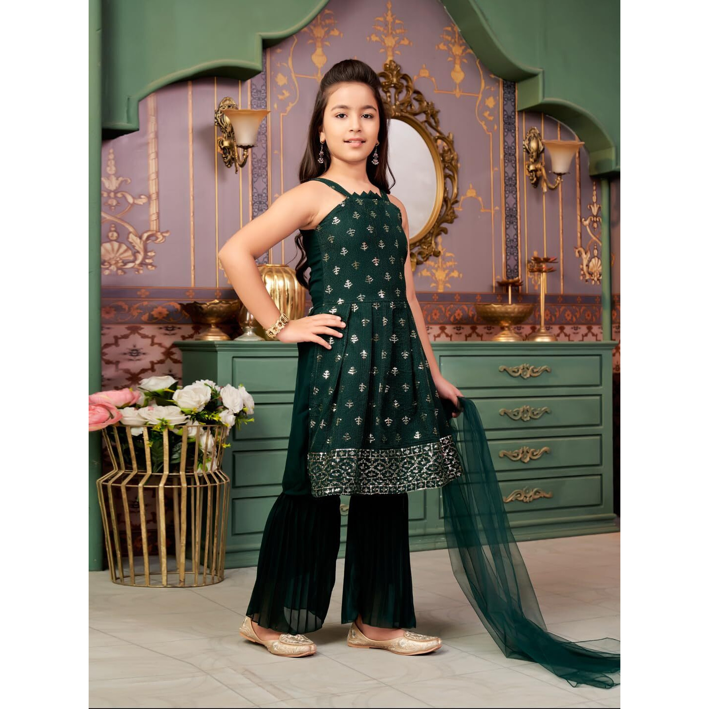 Aarika Girls Ethnic Wear Green Colour Sequin Embroidery Georgette Kurta Sharara Set With Dupatta-3-13 Years (Sh-Shm-5002)